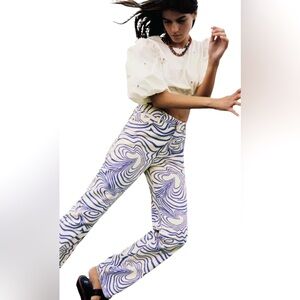 ZARA NEW STRAIGHT LEG HIGH RISE WHITE BLUE PRINT JEANS SZ 10 NWT